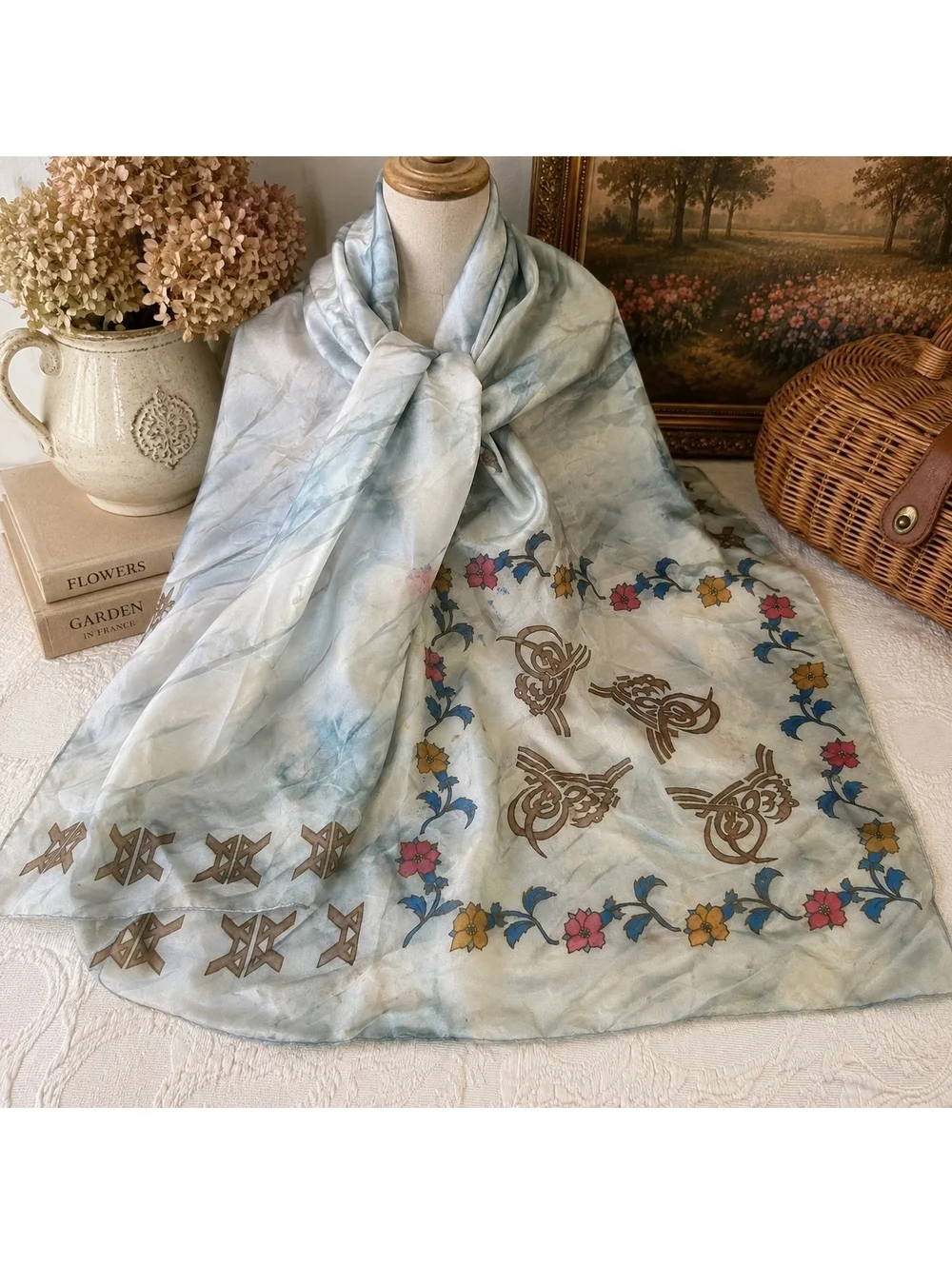 Vintage Silk Scarf 34x34 Hand Painted Style Floral Bird Motif Square Scarf